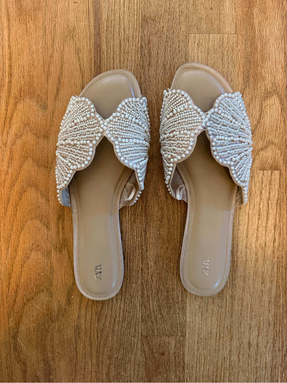 Zara Pearl-Embellished Cream Sandals